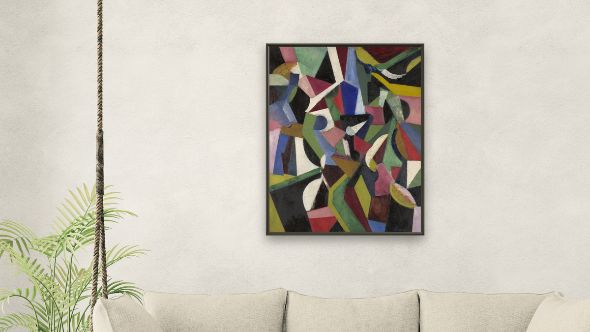 Composition I by Patrick Henry Bruce, shown at 30 × 40 in (76.2 × 101.6 cm) on canvas in Ramino Satin Black, living