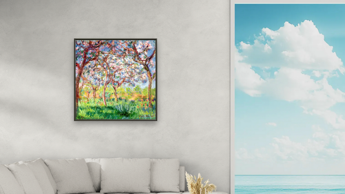 Printemps a Giverny by Claude Monet, shown at 32 × 32 in (81.3 × 81.3 cm) on canvas in Ramino Satin Black, living