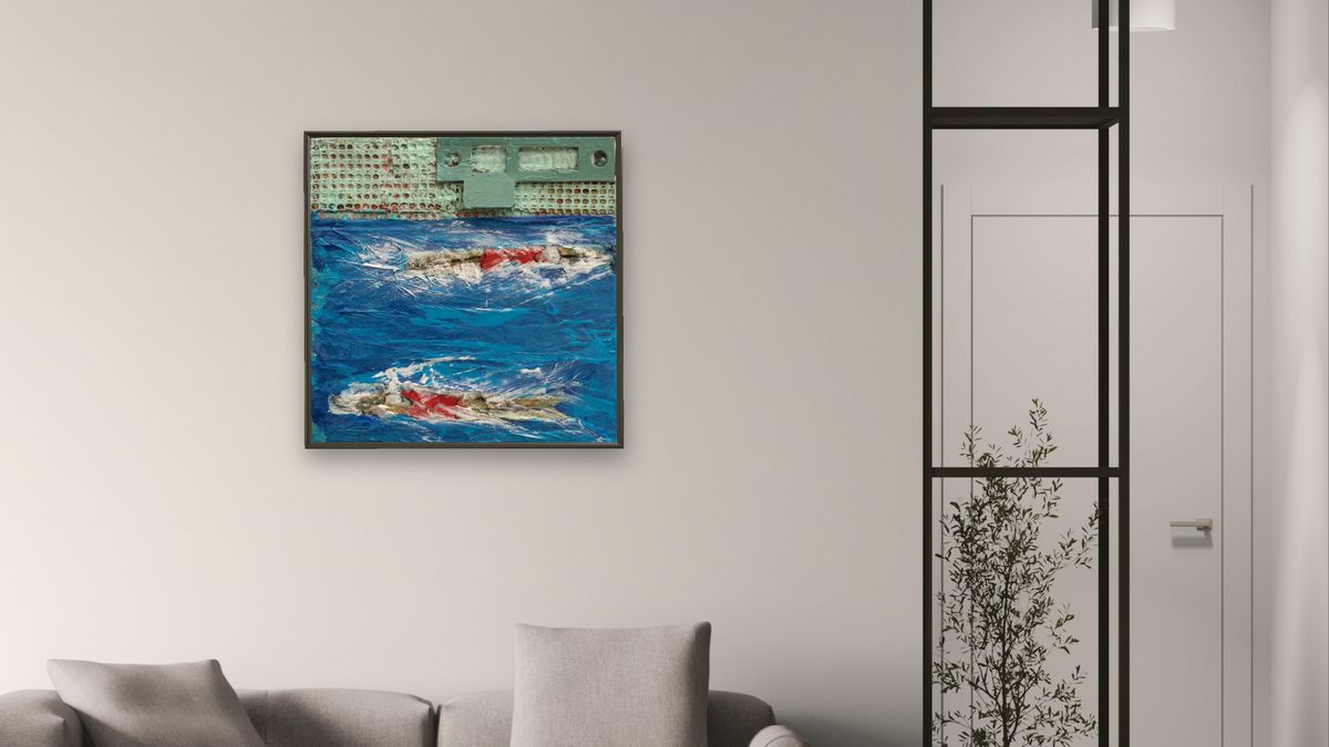 Ships in the Night by Dobee Snowber, shown at 32 × 32 in (81.3 × 81.3 cm) on canvas in Ramino Satin Black, living