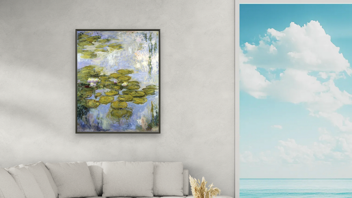 Nympheas by Claude Monet, shown at 32 × 40 in (81.3 × 101.6 cm) on canvas in Ramino Satin Black, living