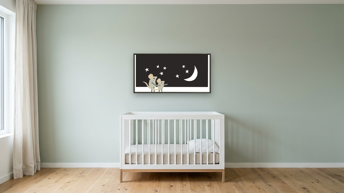 Let's Play I by Leo Lionni, shown at 20 × 40 in (50.8 × 101.6 cm) on canvas in Ramino Satin Black, nursery