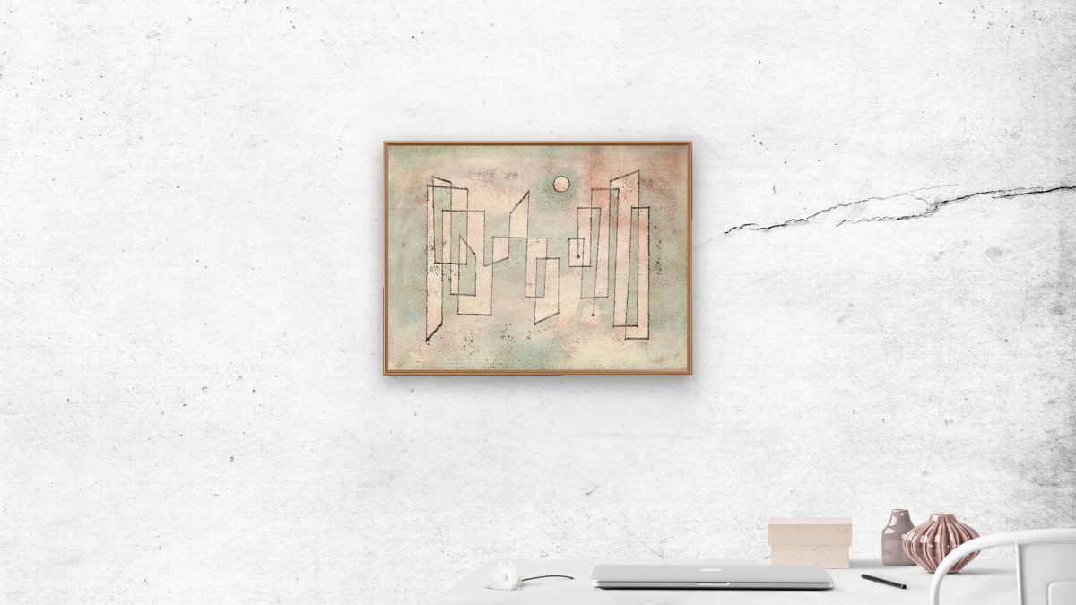 Foundation (Grundfeste) by Paul Klee, shown at 30 × 40 in (76.2 × 101.6 cm) on canvas in Arber Raw Oak, office