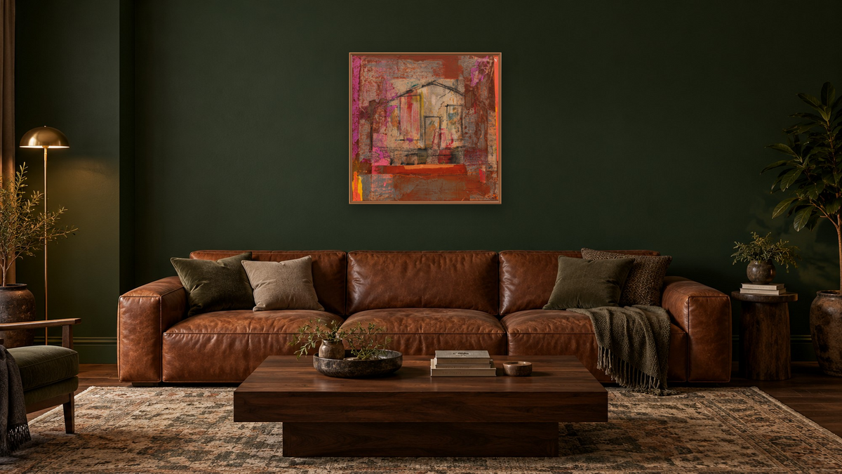 Fading Fast by Dobee Snowber, shown at 32 × 32 in (81.3 × 81.3 cm) on canvas in Arber Raw Oak, den