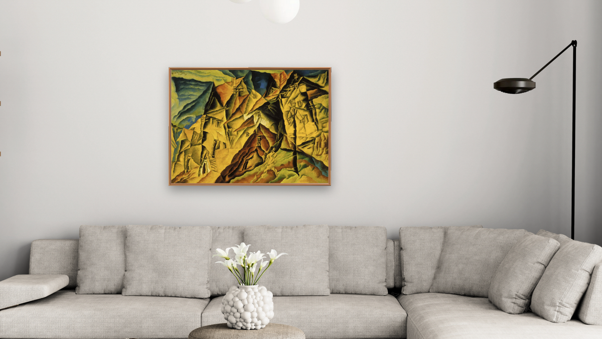 Denstedt by Lyonel Feininger, shown at 30 × 40 in (76.2 × 101.6 cm) on canvas in Arber Raw Oak, living