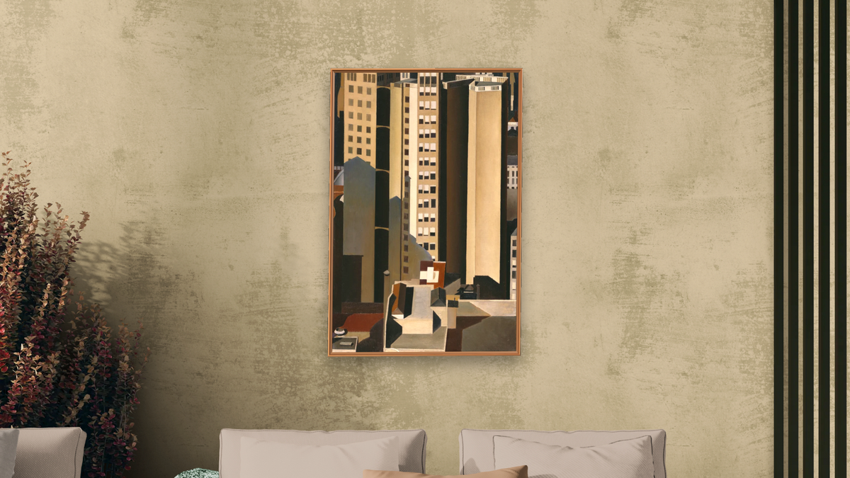 Skyscrapers by Charles Sheeler, shown at 28 × 42 in (71.1 × 106.7 cm) on canvas in Arber Raw Oak, living