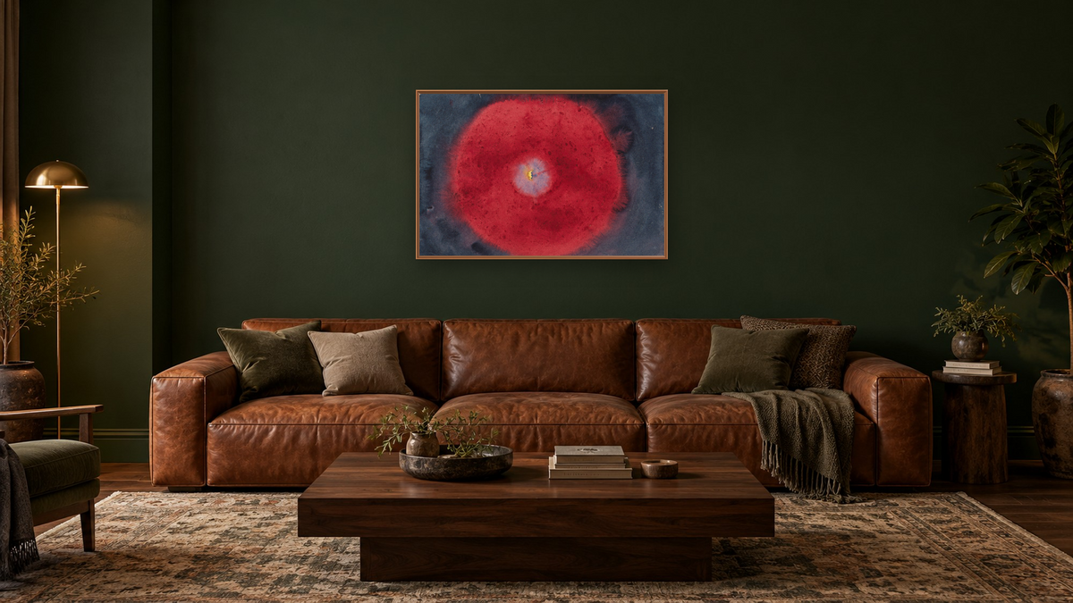 On the Viewing of Flowers and Trees – The Birch by Hilma af Klint, shown at 28 × 42 in (71.1 × 106.7 cm) on canvas in Arber Raw Oak, den