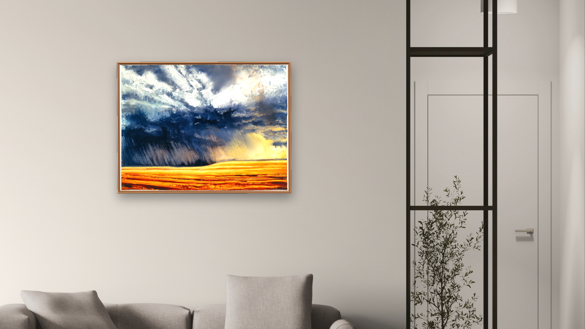 Wheat Field by Alexis Rockman, shown at 30 × 40 in (76.2 × 101.6 cm) on canvas in Arber Raw Oak, living