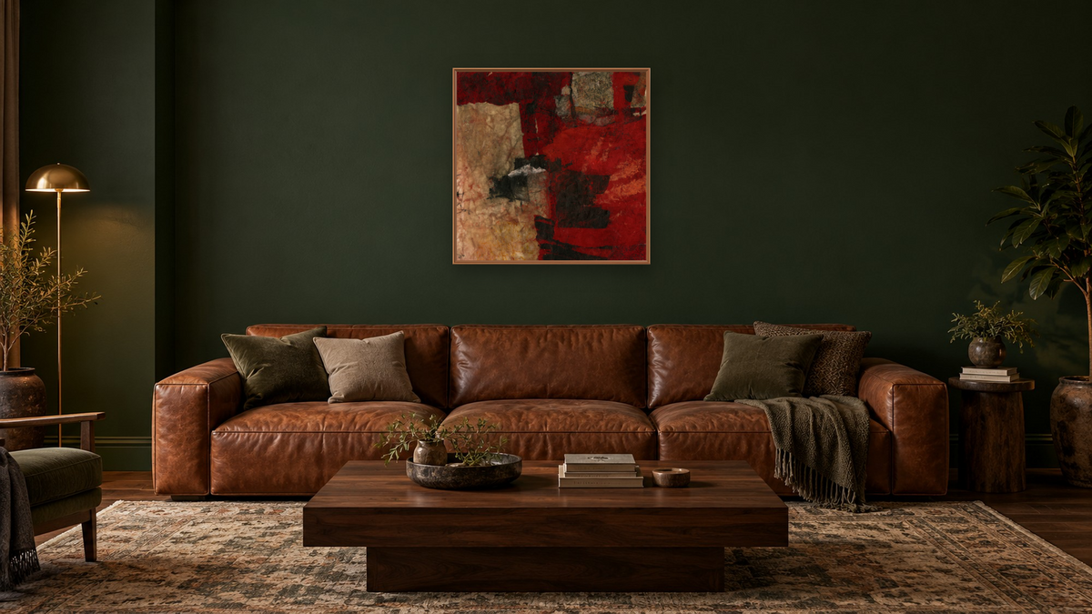No. 374 by Michelle Oppenheimer, shown at 32 × 32 in (81.3 × 81.3 cm) on canvas in Arber Raw Oak, den