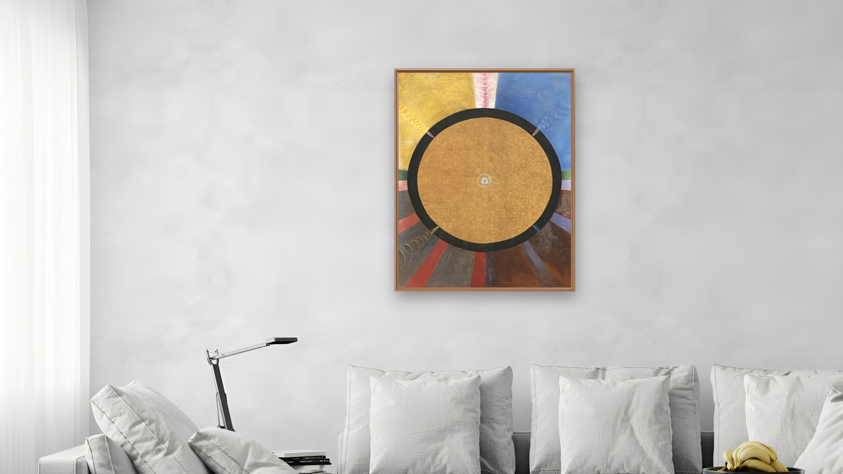 Group X, No. 3, Altarpiece by Hilma af Klint, shown at 30 × 40 in (76.2 × 101.6 cm) on canvas in Arber Raw Oak, living