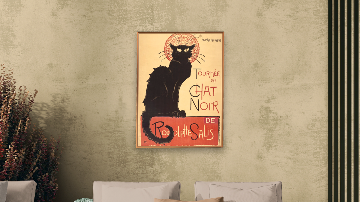 Tournée du Chat Noir de Rodolphe Salis by Théophile Alexandre Steinlen, shown at 30 × 40 in (76.2 × 101.6 cm) on canvas in Arber Raw Oak, living