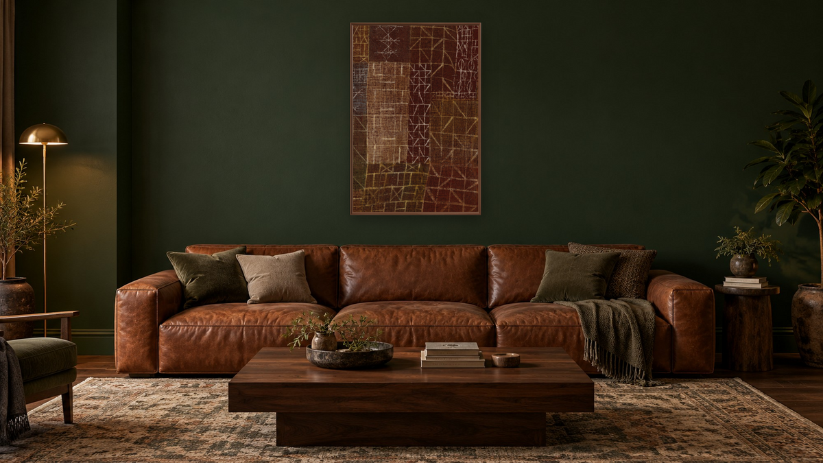 Curtain by Paul Klee, shown at 28 × 42 in (71.1 × 106.7 cm) on canvas in Arber Warm Walnut, den