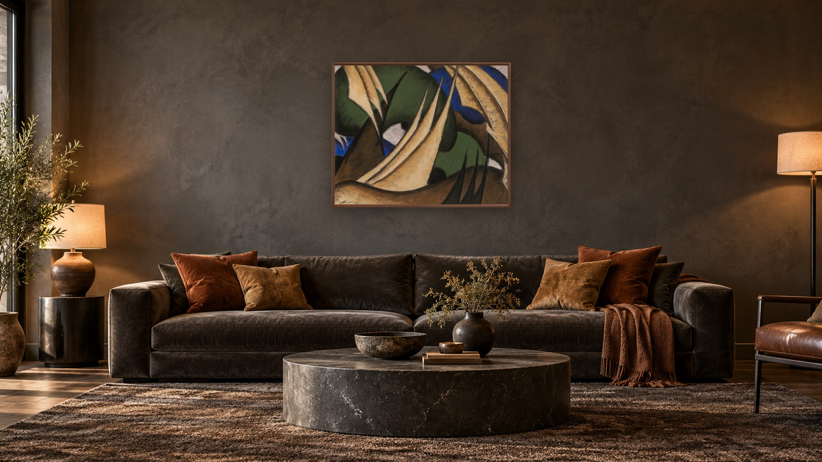 Sails by Arthur Dove, shown at 32 × 40 in (81.3 × 101.6 cm) on canvas in Arber Warm Walnut, den