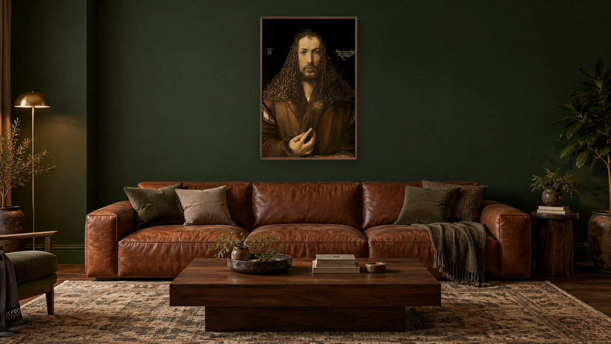 Self Portrait at the Age of Twenty-Eight by Albrecht Dürer, shown at 28 × 42 in (71.1 × 106.7 cm) on canvas in Arber Warm Walnut, den