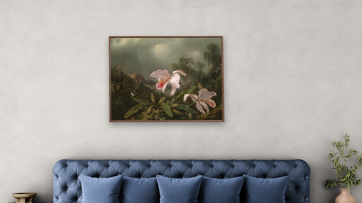 Jungle Orchids and Hummingbirds by Martin Johnson Heade, shown at 32 × 40 in (81.3 × 101.6 cm) on canvas in Arber Warm Walnut, bedroom