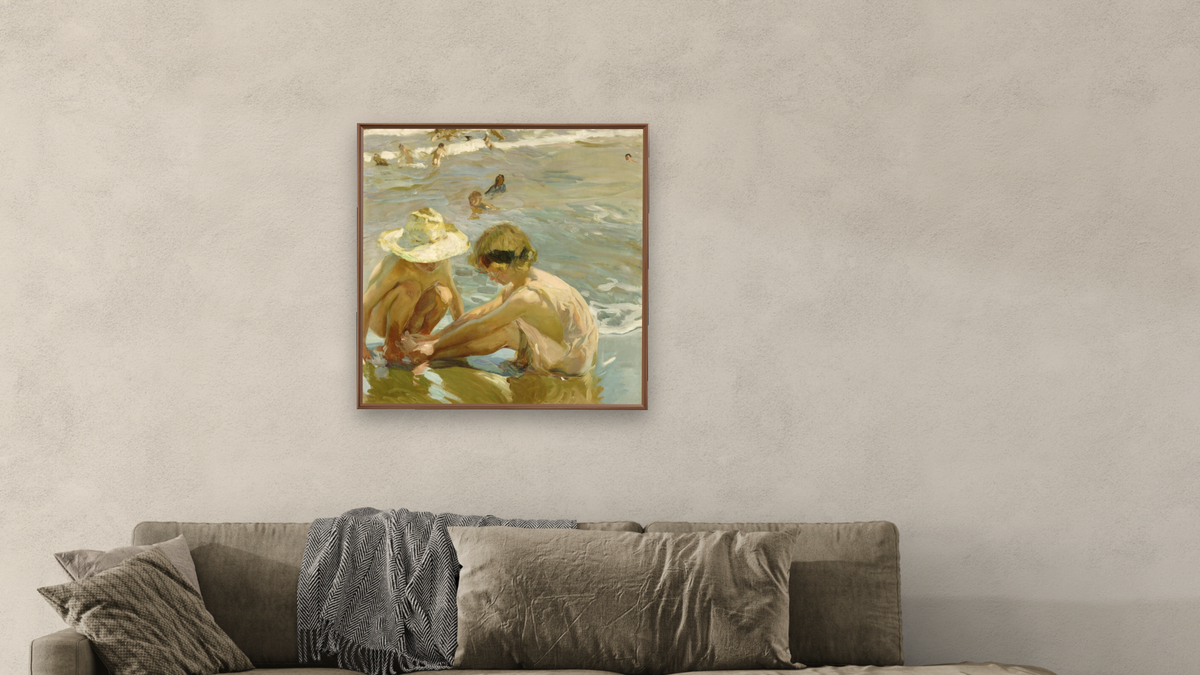 The Wounded Foot by Joaquin Sorolla y Bastida, shown at 32 × 32 in (81.3 × 81.3 cm) on canvas in Arber Warm Walnut, living
