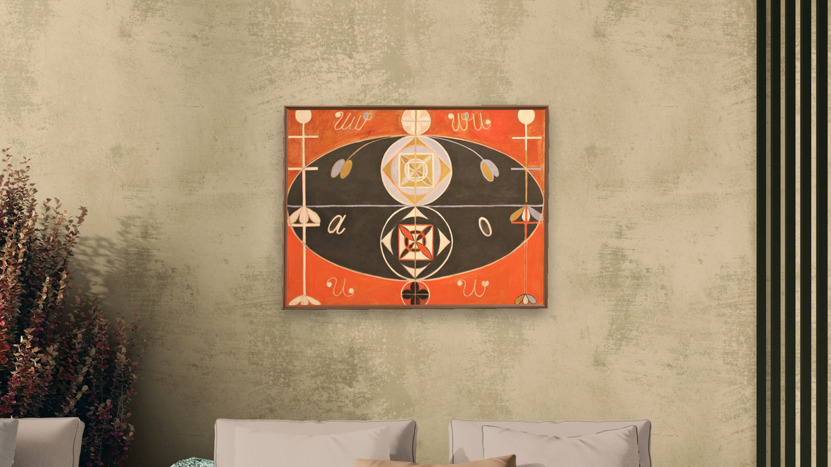 Group VI, Evolution, No. 16 by Hilma af Klint, shown at 30 × 40 in (76.2 × 101.6 cm) on canvas in Arber Warm Walnut, living