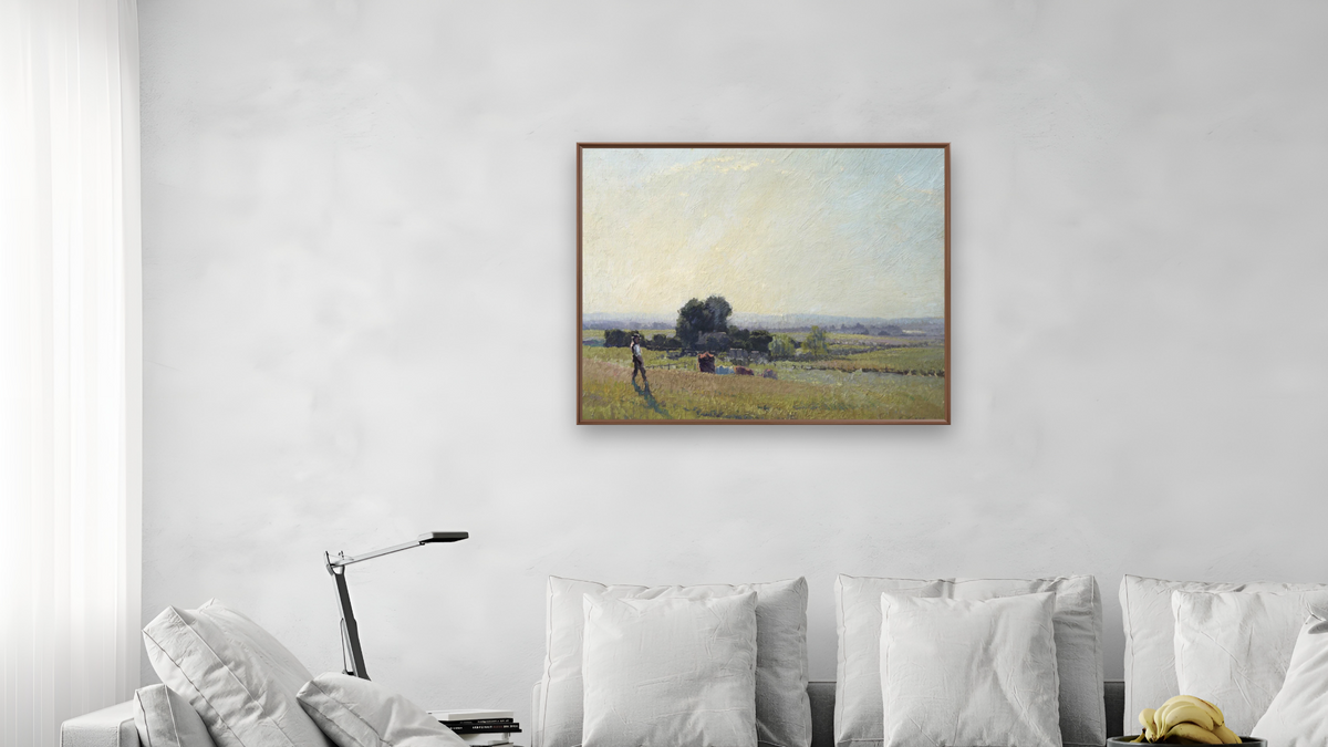 Morning light by Elioth Gruner, shown at 32 × 40 in (81.3 × 101.6 cm) on canvas in Arber Warm Walnut, living