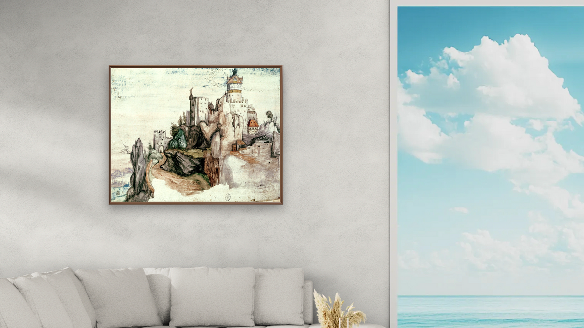 Fortified Castle by Albrecht Dürer, shown at 32 × 40 in (81.3 × 101.6 cm) on canvas in Arber Warm Walnut, living