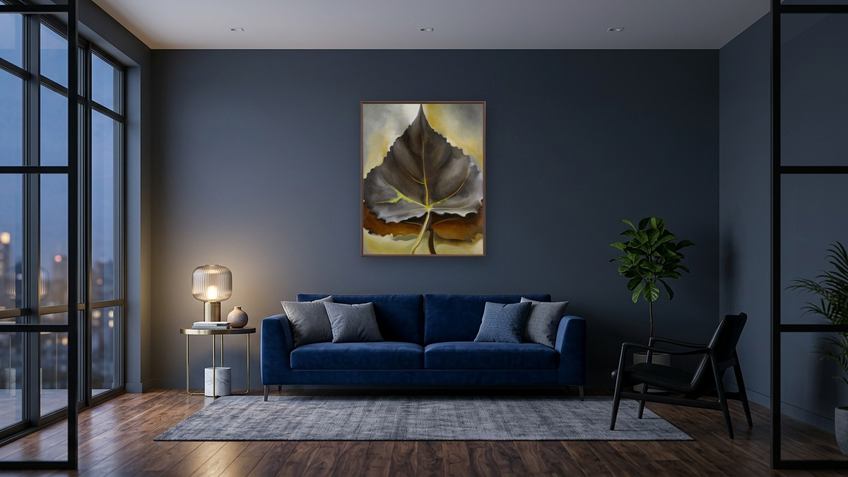Grey and Brown Leaves by Georgia O'Keeffe, shown at 32 × 40 in (81.3 × 101.6 cm) on canvas in Arber Warm Walnut, den