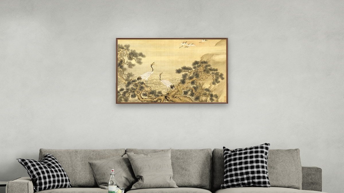 Album of Birds and Animals (Cranes) by Shen Nanpin, shown at 28 × 42 in (71.1 × 106.7 cm) on canvas in Arber Warm Walnut, living