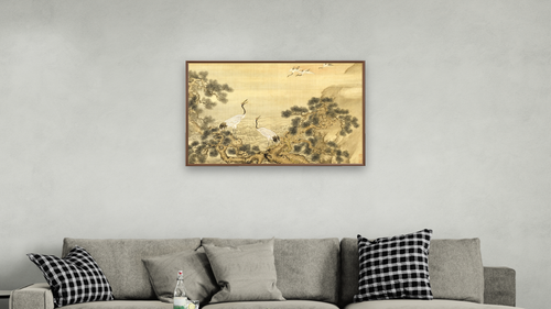 Album of Birds and Animals (Cranes) by Shen Nanpin, shown at 28 × 42 in (71.1 × 106.7 cm) on canvas in Arber Warm Walnut, living [arteriel-render:v6:room_a:28x42@50,37]