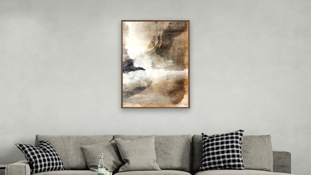 Layers 1 by Dan Hobday, shown at 28 × 42 in (71.1 × 106.7 cm) on canvas in Arber Warm Walnut, living