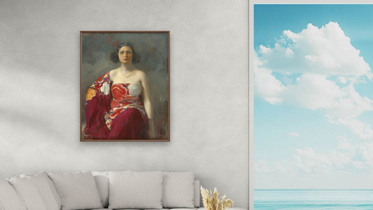 La Trini by Ramón Casas, shown at 32 × 40 in (81.3 × 101.6 cm) on canvas in Arber Warm Walnut, living