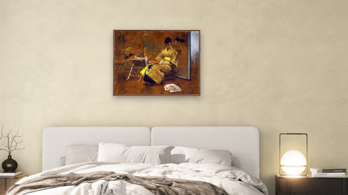 A Girl in Japanese Gown. The Kimono by William Merritt Chase, shown at 32 × 40 in (81.3 × 101.6 cm) on canvas in Arber Warm Walnut, bedroom [arteriel-render:v6:room_a:32x40@45,32]