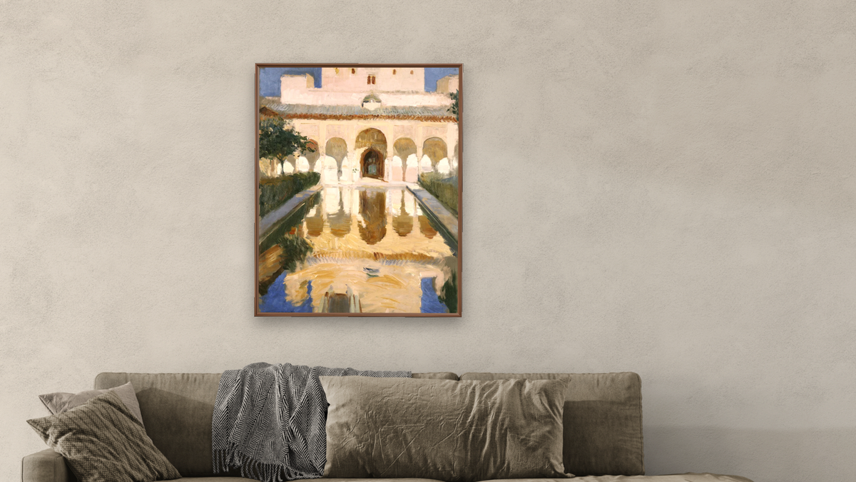 Hall of the Ambassadors, Alhambra, Granada by Joaquin Sorolla y Bastida, shown at 32 × 40 in (81.3 × 101.6 cm) on canvas in Arber Warm Walnut, living