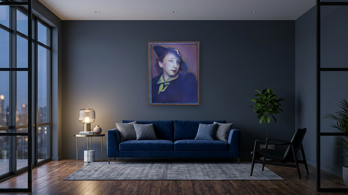 Ethel by Kirsten Söderlind, shown at 32 × 40 in (81.3 × 101.6 cm) on canvas in Arber Warm Walnut, den