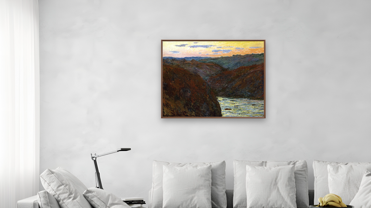 La Creuse, Sunset by Claude Monet, shown at 32 × 40 in (81.3 × 101.6 cm) on canvas in Arber Warm Walnut, living