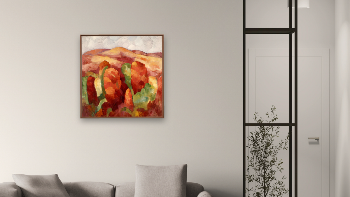 Mountains, no. 19 by Marsden Hartley, shown at 32 × 32 in (81.3 × 81.3 cm) on canvas in Arber Warm Walnut, living