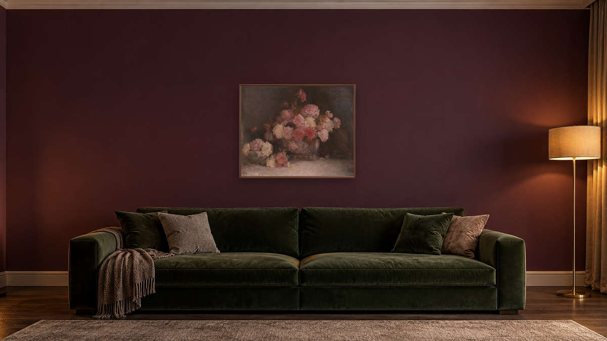 Roses by Tom Roberts, shown at 32 × 40 in (81.3 × 101.6 cm) on canvas in Arber Warm Walnut, den