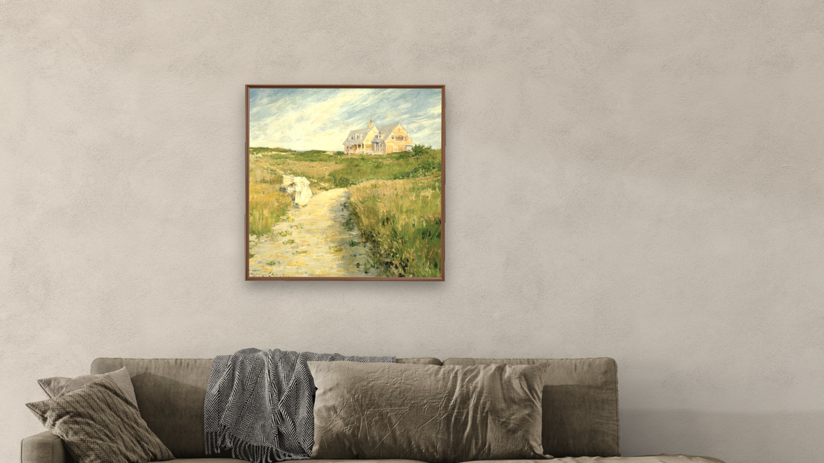 The Chase Homestead, Shinnecock by William Merritt Chase, shown at 32 × 32 in (81.3 × 81.3 cm) on canvas in Arber Warm Walnut, living