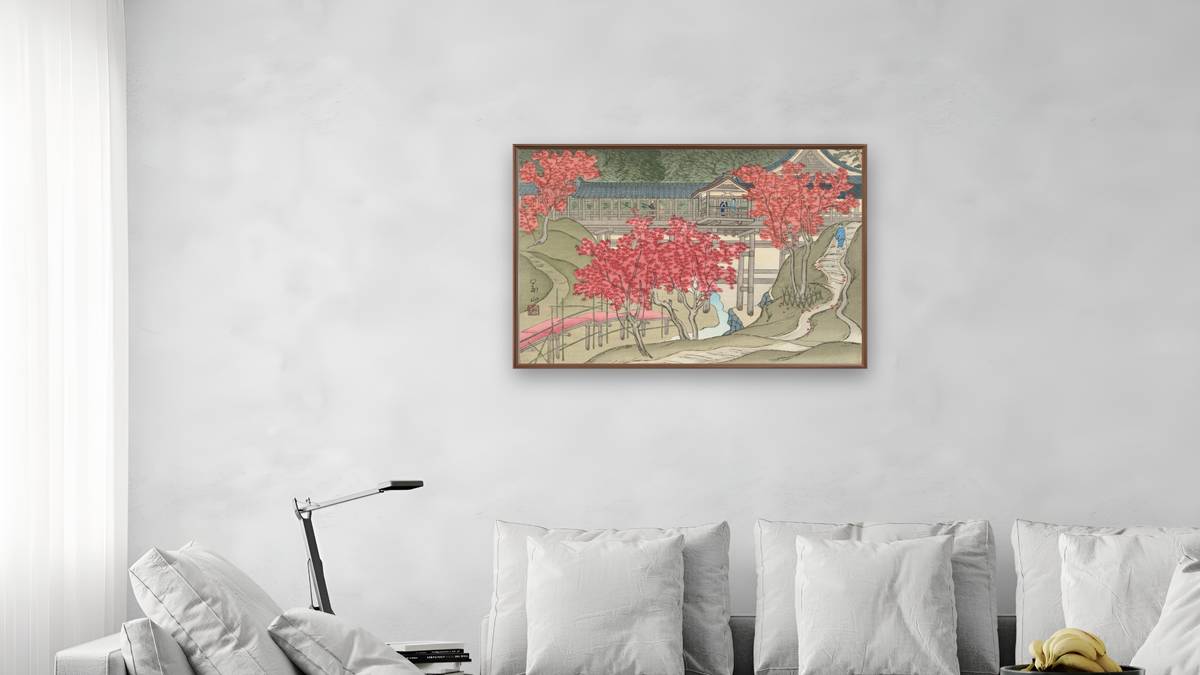 Autumn at Tsutenkyo (Tsutenkyo no Aki) by Miki Suizan, shown at 28 × 42 in (71.1 × 106.7 cm) on canvas in Arber Warm Walnut, living