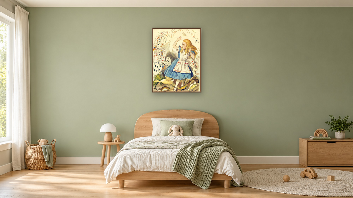 The Shower of Cards, illustration from 'Alice in Wonderland' by Lewis Carroll by John Tenniel, shown at 30 × 40 in (76.2 × 101.6 cm) on canvas in Arber Warm Walnut, kids' room