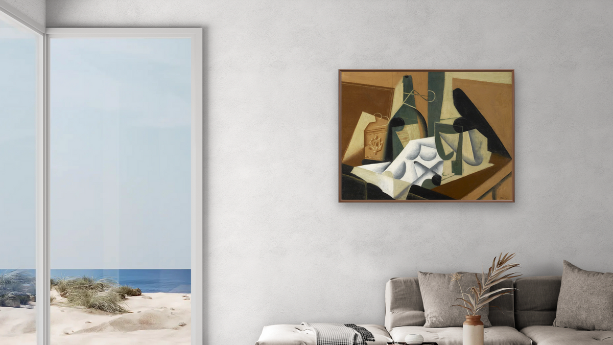 The White Tablecloth by Juan Gris, shown at 32 × 40 in (81.3 × 101.6 cm) on canvas in Arber Warm Walnut, living