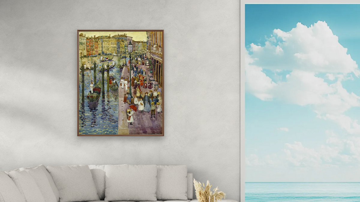 The Grand Canal, Venice by Maurice Brazil Prendergast, shown at 32 × 40 in (81.3 × 101.6 cm) on canvas in Arber Warm Walnut, living
