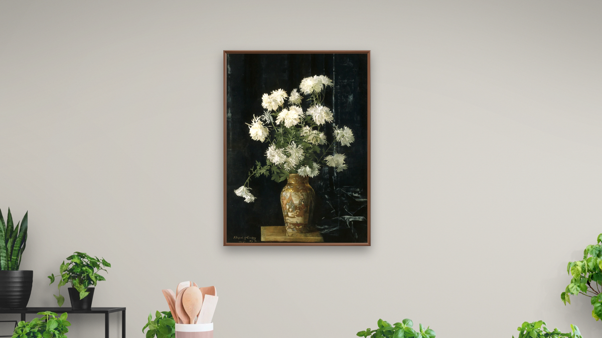 Chrysanthemums in an Oriental Vase by Alberta Binford McCloskey, shown at 30 × 40 in (76.2 × 101.6 cm) on canvas in Arber Warm Walnut, dining