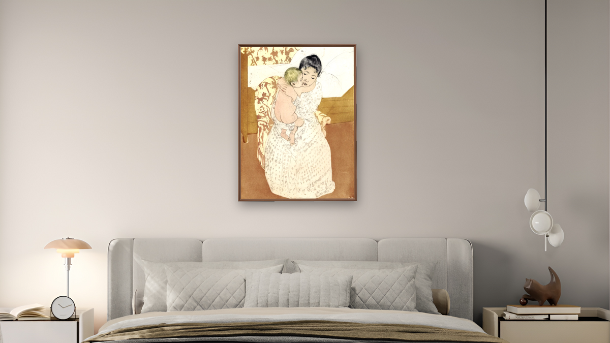 Maternal caress by Mary Cassatt, shown at 30 × 40 in (76.2 × 101.6 cm) on canvas in Arber Warm Walnut, bedroom