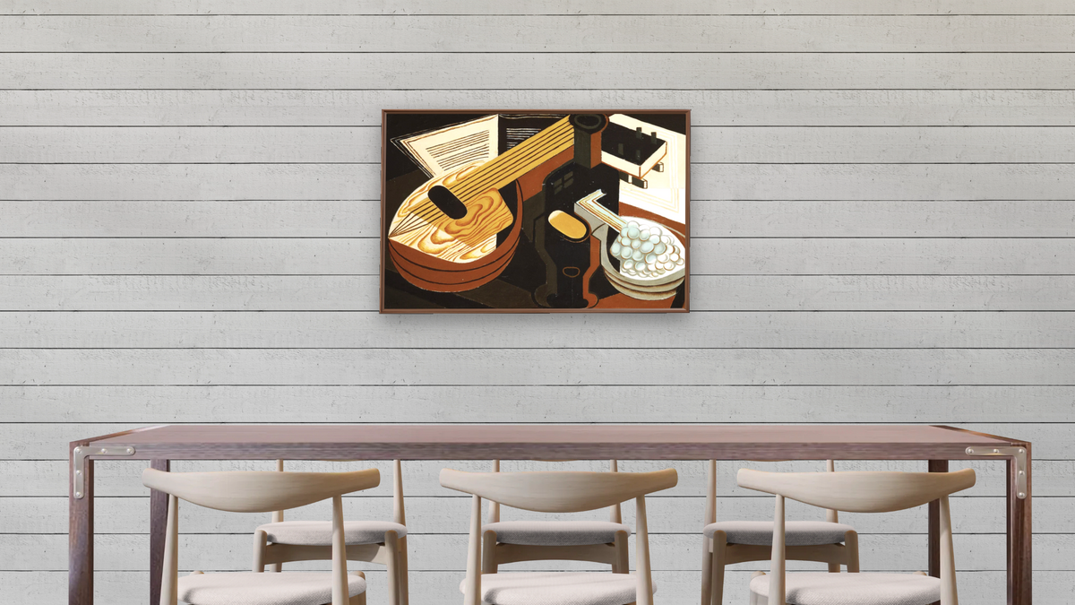 The Mandolin by Juan Gris, shown at 28 × 42 in (71.1 × 106.7 cm) on canvas in Arber Warm Walnut, dining
