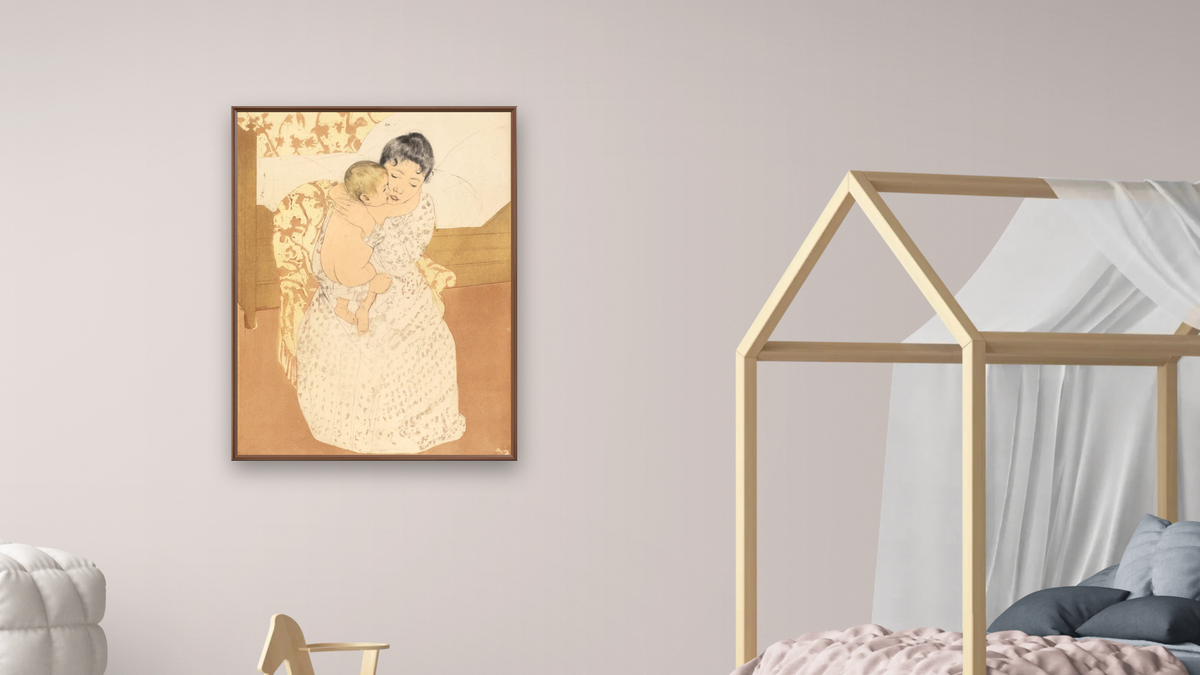 Maternal Caress by Mary Cassatt, shown at 30 × 40 in (76.2 × 101.6 cm) on canvas in Arber Warm Walnut, bedroom