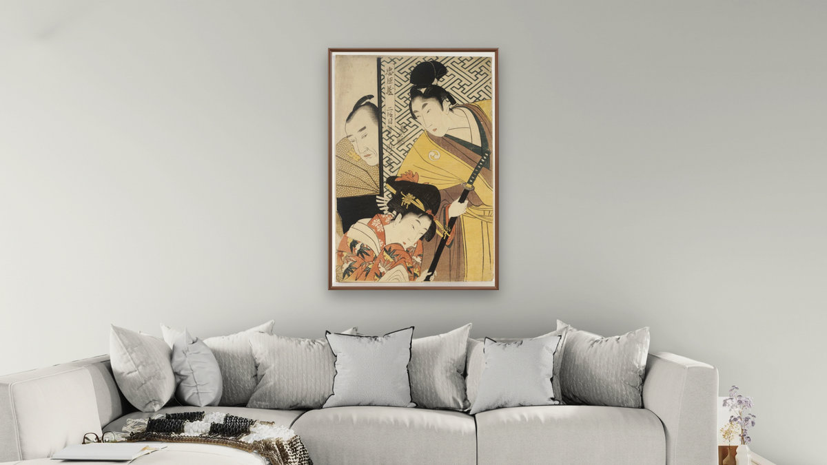 Act II of Chushingura, the young samurai Rikiya, with Konami, Honzo partly hidden behind the door by Kitagawa Utamaro, shown at 28 × 42 in (71.1 × 106.7 cm) on canvas in Arber Warm Walnut, living