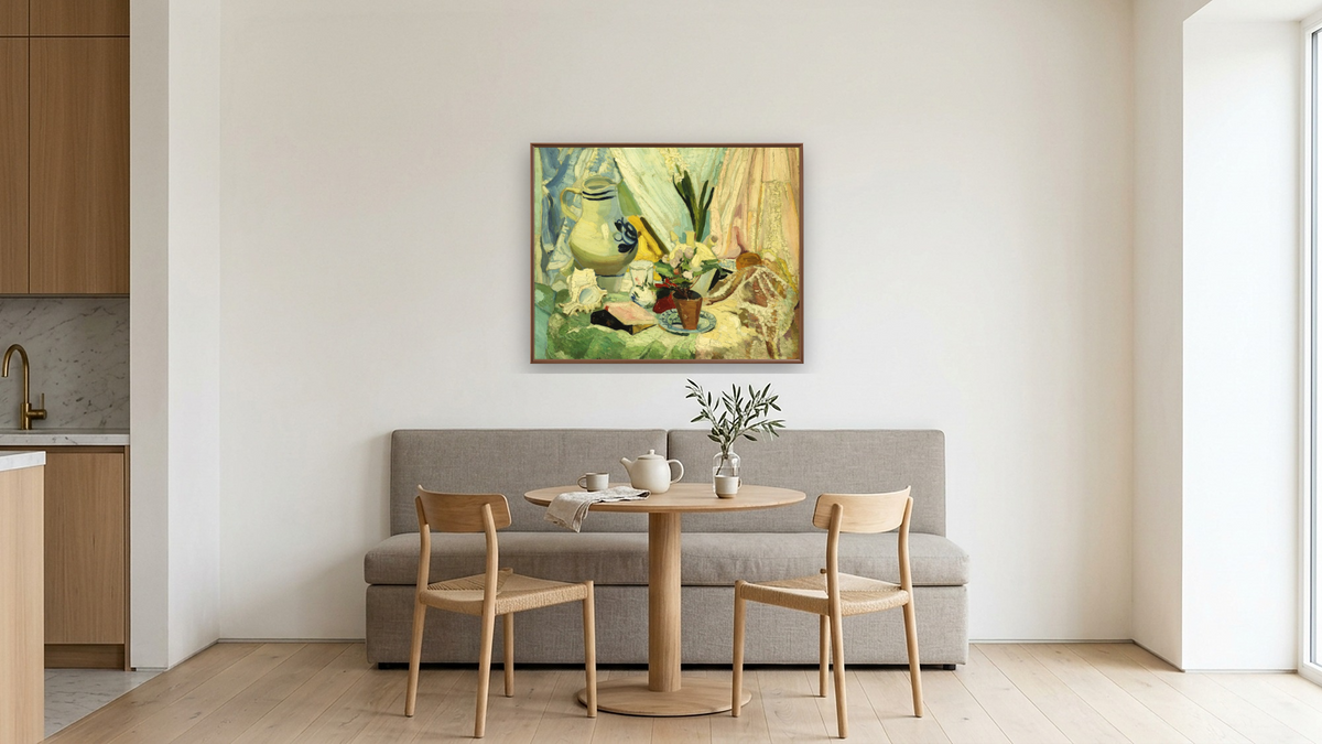 Still Life by Joseph Stella, shown at 32 × 40 in (81.3 × 101.6 cm) on canvas in Arber Warm Walnut, kitchen