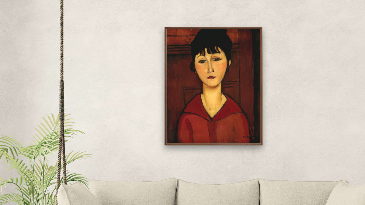 Head of a Young Girl by Amedeo Modigliani, shown at 30 × 40 in (76.2 × 101.6 cm) on canvas in Arber Warm Walnut, living