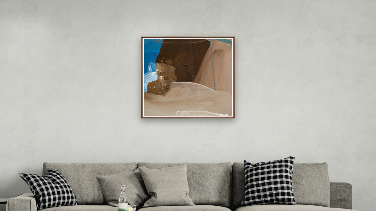 Snack 17 by Nino Yuniardi, shown at 32 × 32 in (81.3 × 81.3 cm) on canvas in Arber Warm Walnut, living