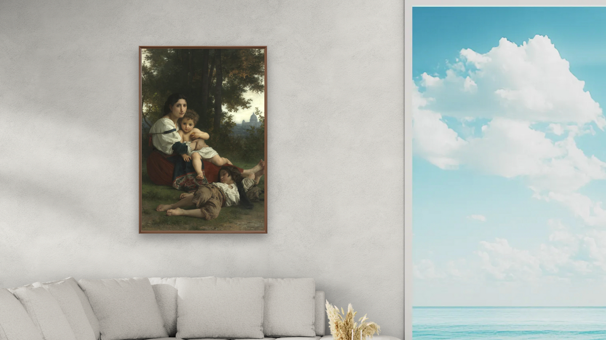 Rest by William-Adolphe Bouguereau, shown at 28 × 42 in (71.1 × 106.7 cm) on canvas in Arber Warm Walnut, living
