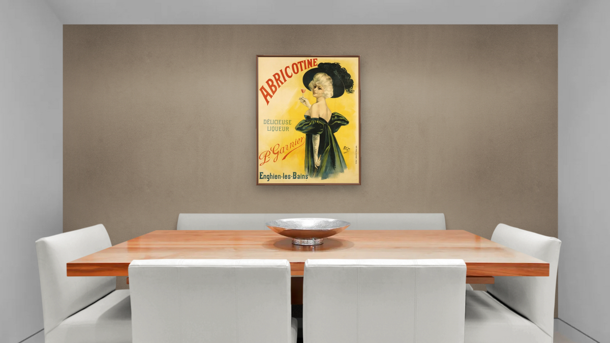 Abricotine Poster by Pal, shown at 30 × 40 in (76.2 × 101.6 cm) on canvas in Arber Warm Walnut, dining