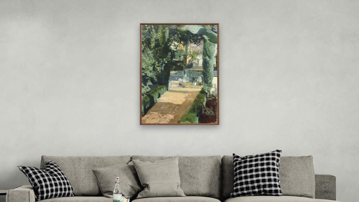 Court of the Dances, Alcázar, Sevilla by Joaquin Sorolla y Bastida, shown at 28 × 42 in (71.1 × 106.7 cm) on canvas in Arber Warm Walnut, living
