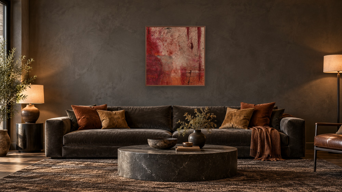 No. 437B by Michelle Oppenheimer, shown at 32 × 32 in (81.3 × 81.3 cm) on canvas in Arber Warm Walnut, den
